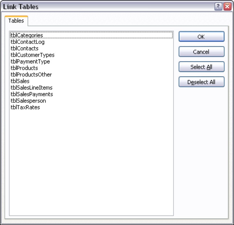 Use the Link Tables dialog box to select the Access table(s) for linking.